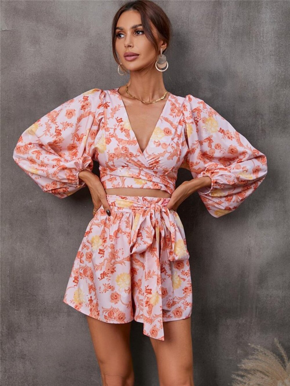 Cutout Front Printed Long Sleeve Romper